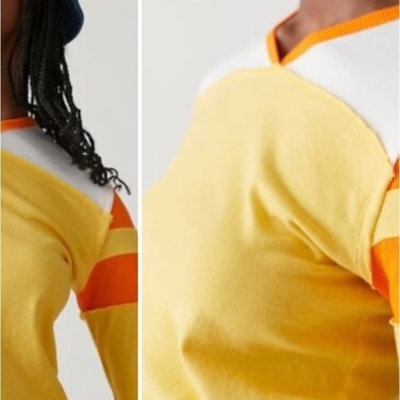 BDG Cole V-neck long sleeves tee yellow white orange trim top Sz M - Picture 3 of 8
